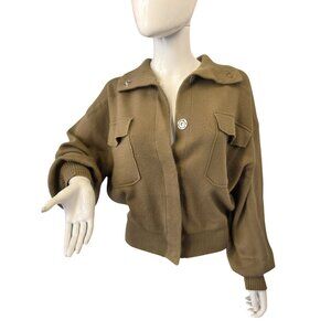 Broadway 38 Olive Green Cropped Sweater Jacket Women Sz M Collared Pockets
